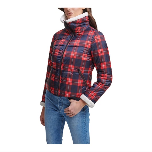 NWT LEVI'S Red Plaid PUFFER Sherpa Collar Quilted JACKET - Main Image
